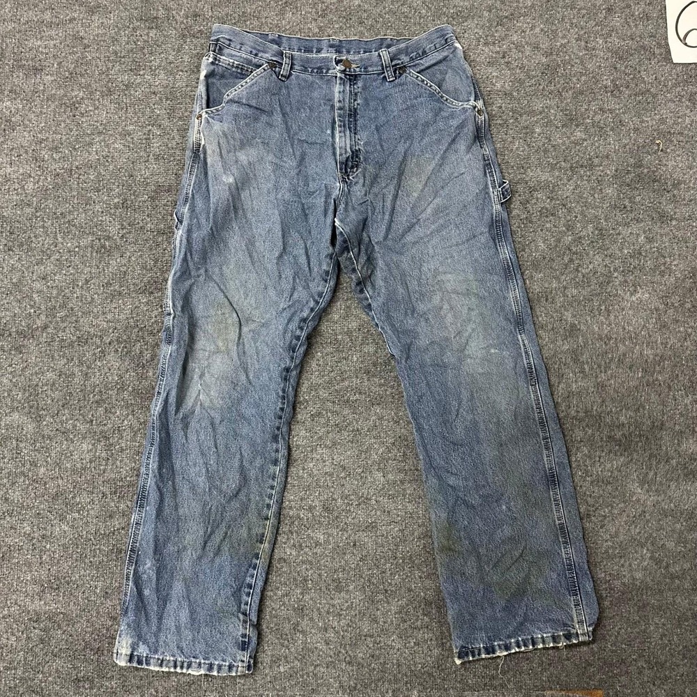 Wrangler Carpenter Jeans Mens Size 34x32 Blue Relaxed Workwear Stained